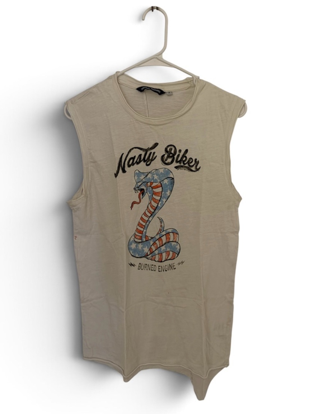 Nasty Biker Graphic Sleeveless Tee — Cream with Red & Blue Snake